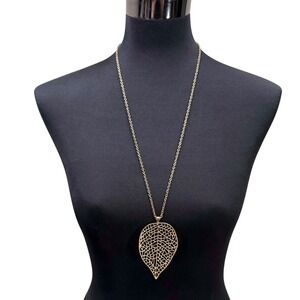 Gold Tone Long Leaf Pendant Necklace Statement Chain Fashion Jewelry 18 in L